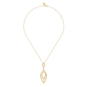 14K Yellow Plain Gold Bujukan and Diamond Cut Texture Marquise Drop Necklace