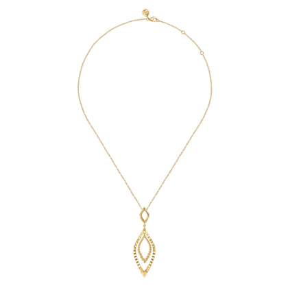 14K Yellow Plain Gold Bujukan and Diamond Cut Texture Marquise Drop Necklace