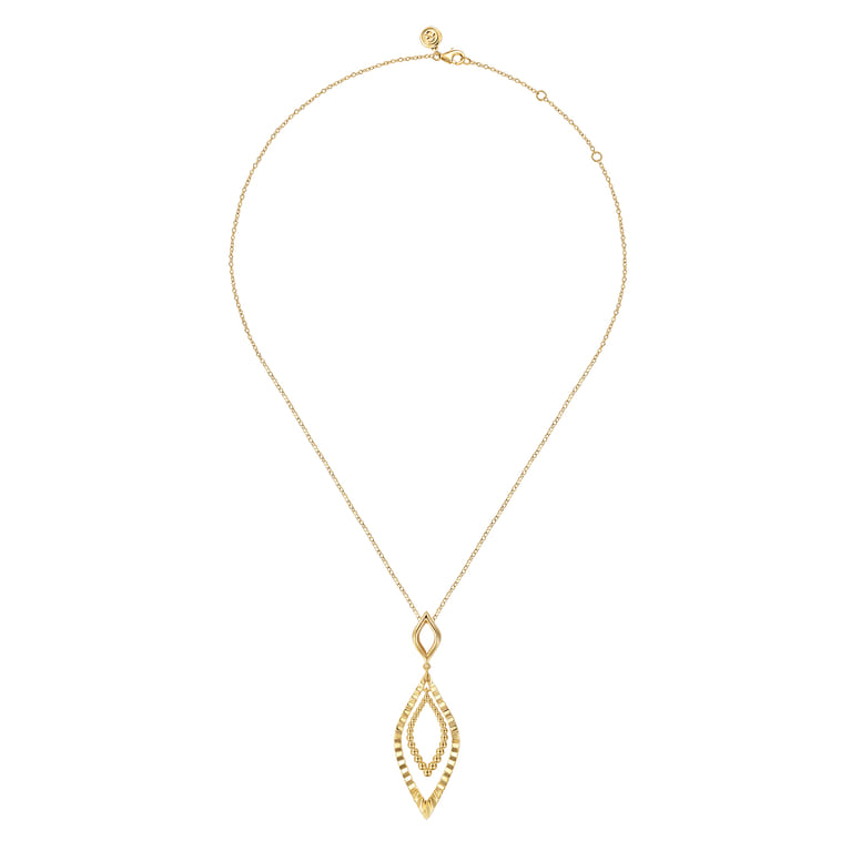 14K Yellow Plain Gold Bujukan and Diamond Cut Texture Marquise Drop Necklace - Shot 2