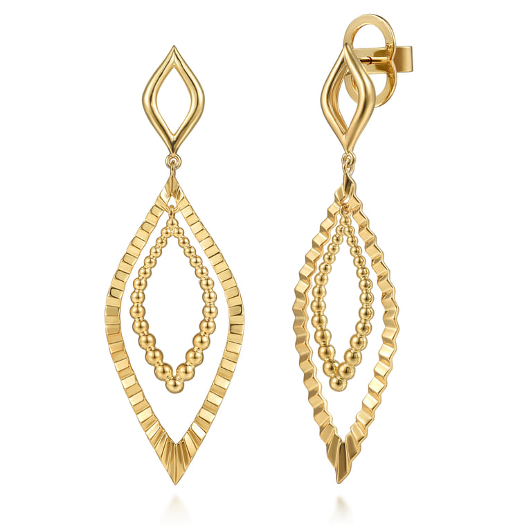 14K Yellow Plain Gold Bujukan and Diamond Cut Texture Marquise Stud Drop Earrings - Shot 1