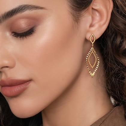 14K Yellow Plain Gold Bujukan and Diamond Cut Texture Marquise Stud Drop Earrings