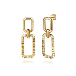 14K Yellow Plain Gold Diamond Cut Link Stud Drop Earrings