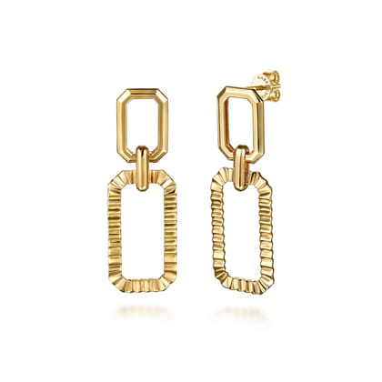 14K Yellow Plain Gold Diamond Cut Link Stud Drop Earrings