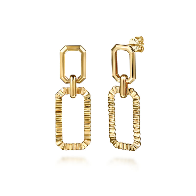 14K Yellow Plain Gold Diamond Cut Link Stud Drop Earrings - Shot 1