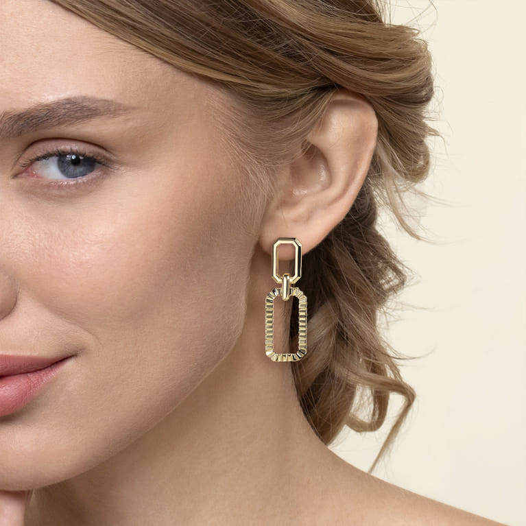 14K Yellow Plain Gold Diamond Cut Link Stud Drop Earrings - Shot 2