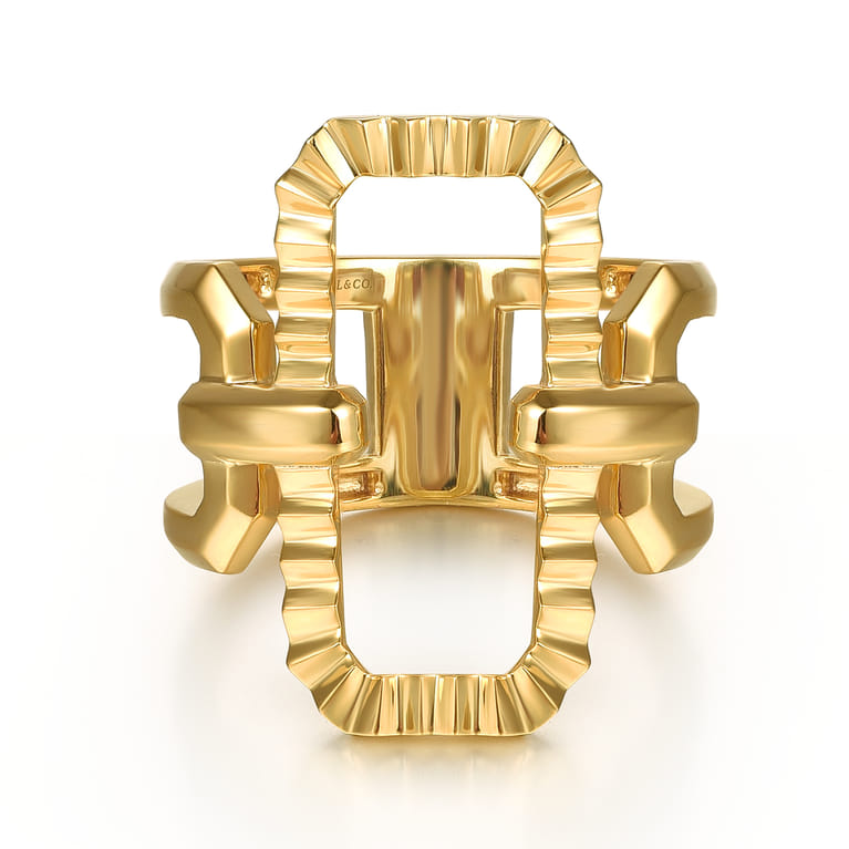 14K Yellow Plain Gold Diamond Cut Link Wide Band Ring - Shot 1