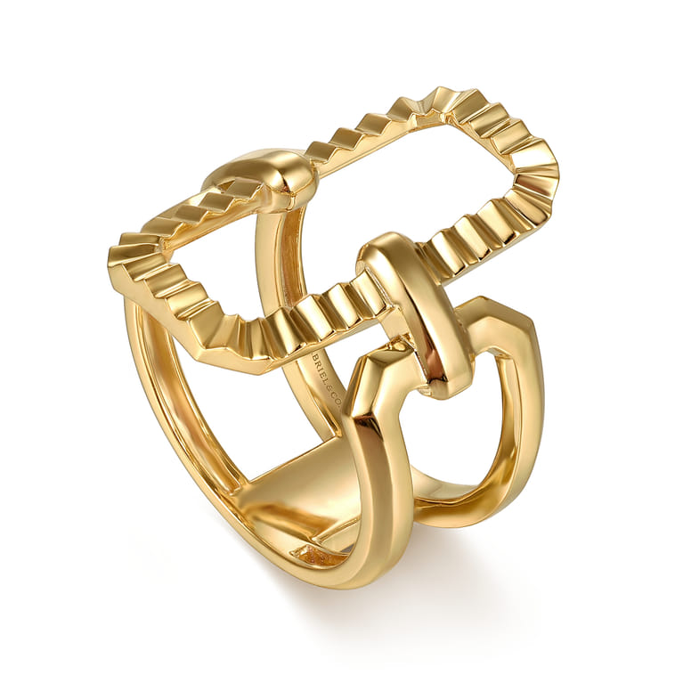 14K Yellow Plain Gold Diamond Cut Link Wide Band Ring - Shot 3