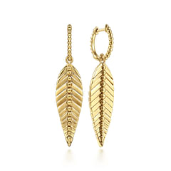 14K Yellow Plain Gold Huggie Drop Leaf Earrings