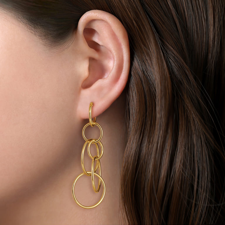 14K Yellow Plain Gold Multi Circles Huggie Drop Earrings - Shot 2