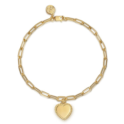14K Yellow Plain Gold  Paperclip Chain Bracelet with Personalized Bujukan Framed Heart Charm