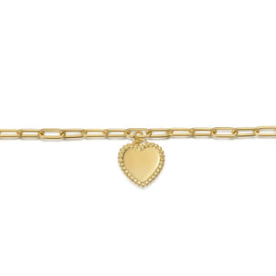 14K Yellow Plain Gold Paperclip Chain Bracelet with Personalized Bujukan Framed Heart Charm