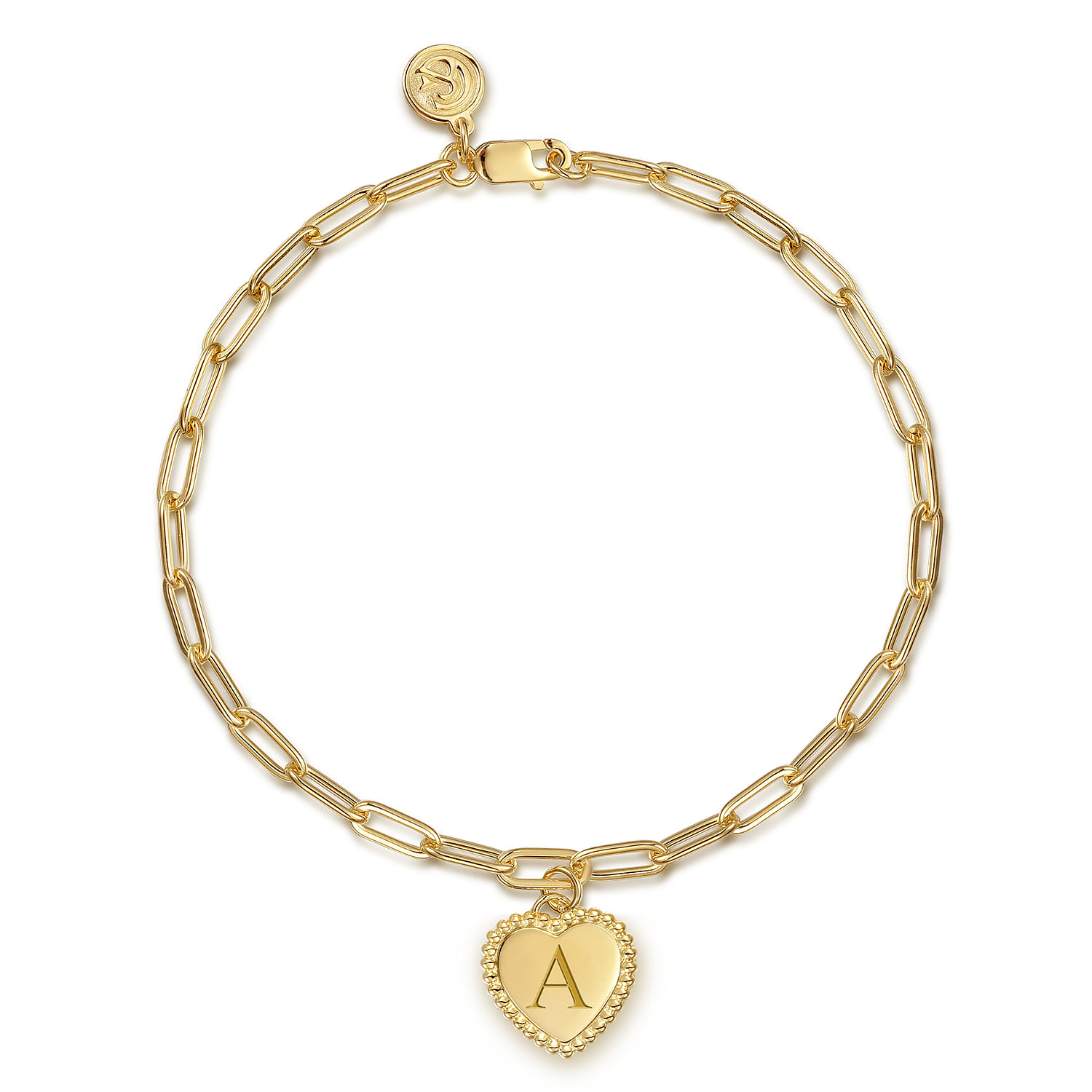 14K Yellow Plain Gold Paperclip Chain Bracelet with Personalized Bujukan Framed Heart Charm