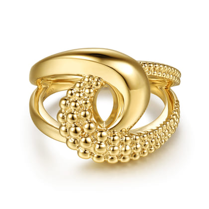 14K Yellow Plain Gold Pave Bujukan inter-Locking Link Ring