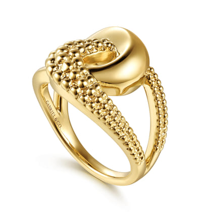 14K Yellow Plain Gold Pave Bujukan inter-Locking Link Ring