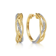 14K Yellow-White 30mm Twisted Rope and Diamond Classic Hoop Earrings