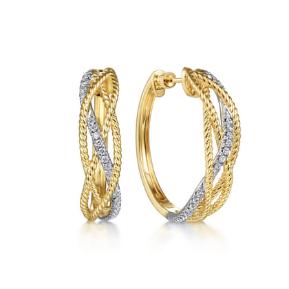14K Yellow-White 30mm Twisted Rope and Diamond Classic Hoop Earrings