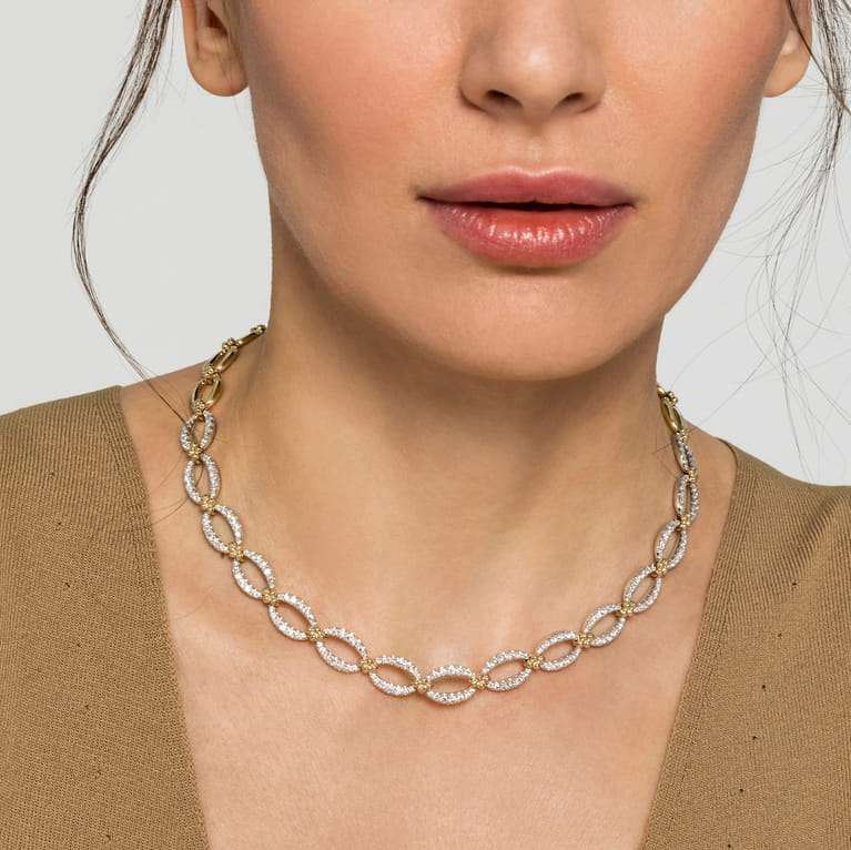 14K Yellow-White Chain Diamond Link Necklace - 4.05 ct - Shot 3