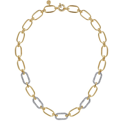 14K Yellow-White Chain Necklace with Diamond Link Stations