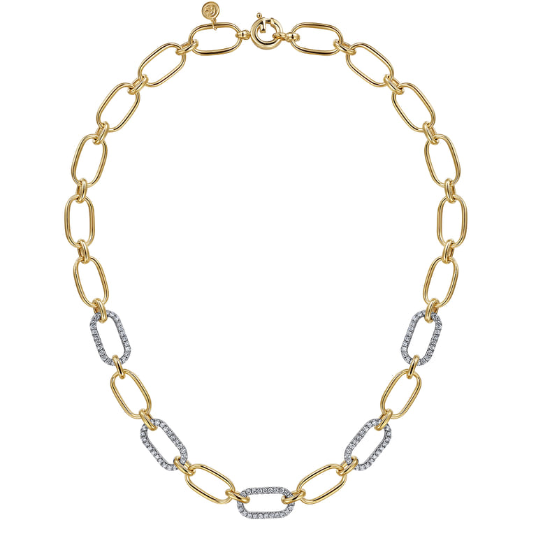 14K Yellow-White Chain Necklace with Diamond Link Stations - 3 ct - Shot 2