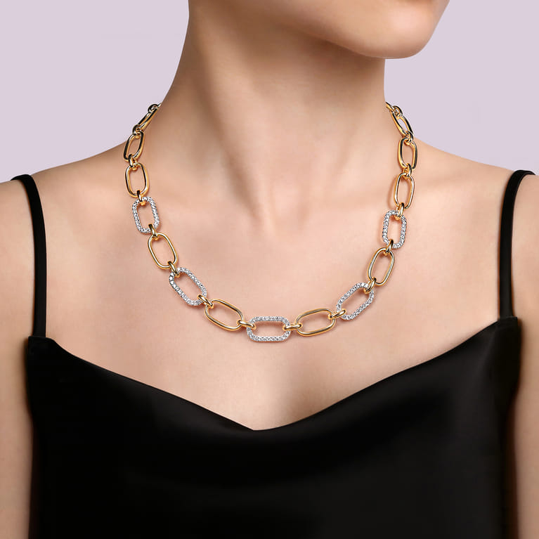 14K Yellow-White Chain Necklace with Diamond Link Stations - 3 ct - Shot 3