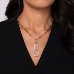 14K Yellow-White Chain Necklace with Geometric Pave Diamond Pendant