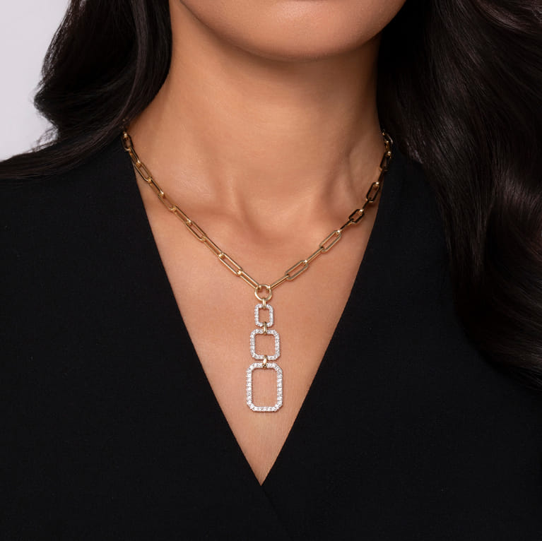 14K Yellow-White Chain Necklace with Geometric Pave Diamond Pendant - 1.05 ct - Shot 3