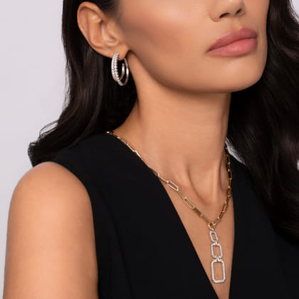 14K Yellow-White Chain Necklace with Geometric Pave Diamond Pendant