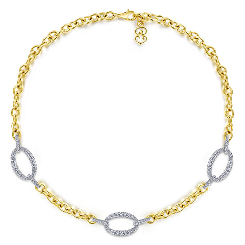 14K Yellow-White Chain Necklace with Oval Diamond Link Stations - 1.75 ct - Shot 2
