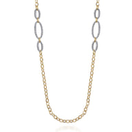 14K Yellow-White Chain Necklace woth Oval Pave Diamond Stations