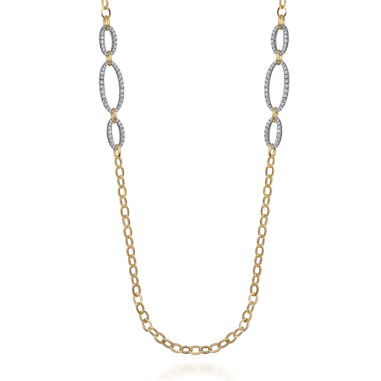 14K Yellow-White Chain Necklace woth Oval Pave Diamond Stations - 6.75 ct - Shot 1