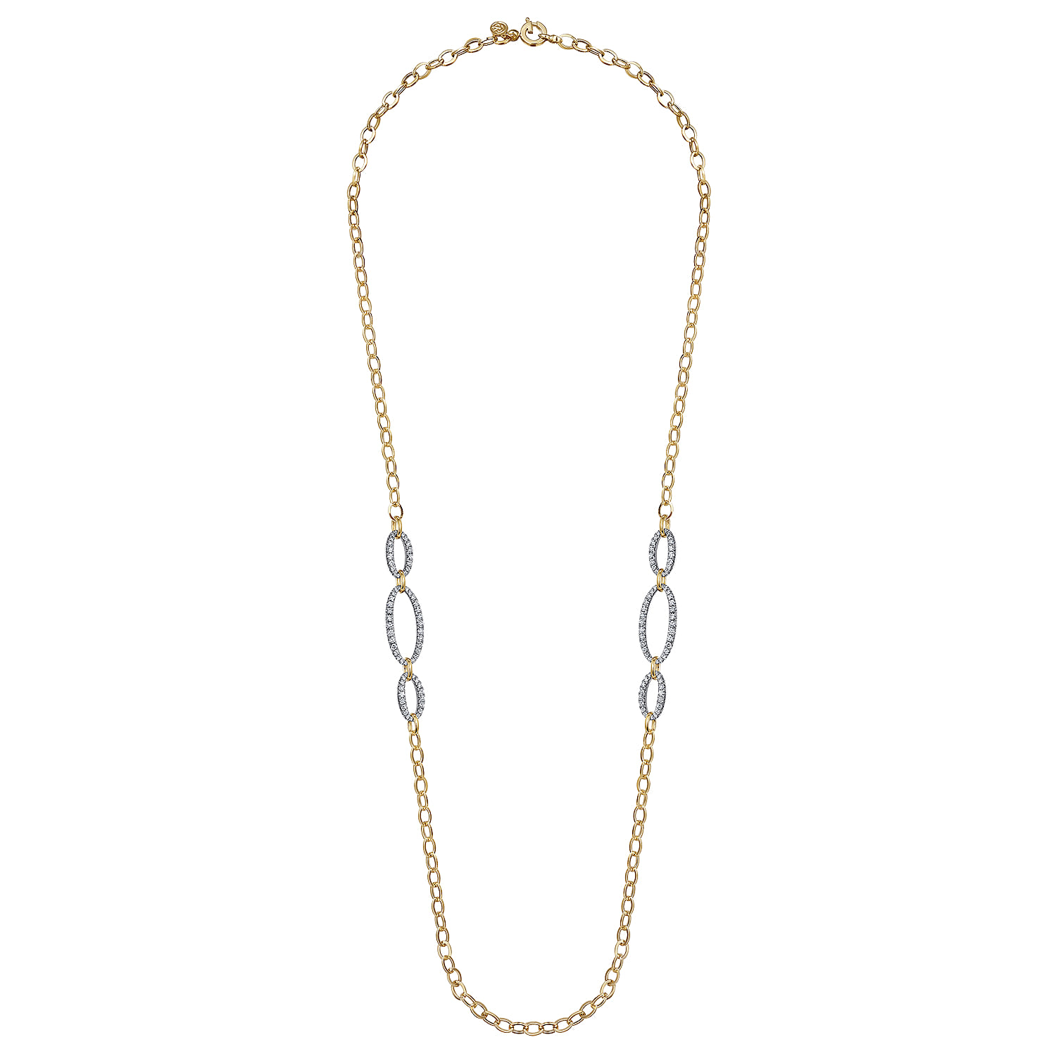 14K Yellow-White Chain Necklace woth Oval Pave Diamond Stations - 6.75 ct - Shot 2