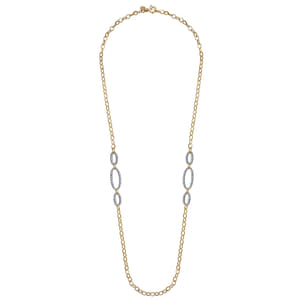 14K Yellow-White Chain Necklace woth Oval Pave Diamond Stations