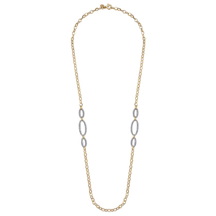 14K Yellow-White Chain Necklace woth Oval Pave Diamond Stations