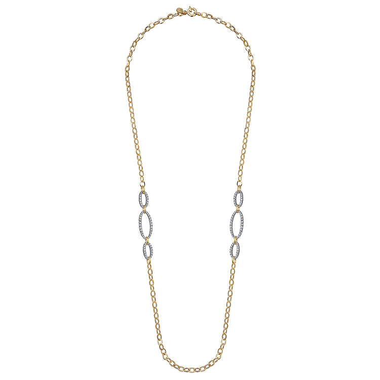 14K Yellow-White Chain Necklace woth Oval Pave Diamond Stations