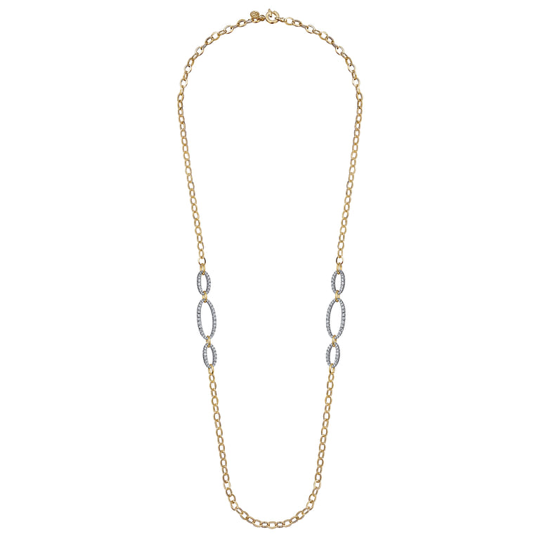 14K Yellow-White Chain Necklace woth Oval Pave Diamond Stations - 6.75 ct - Shot 2
