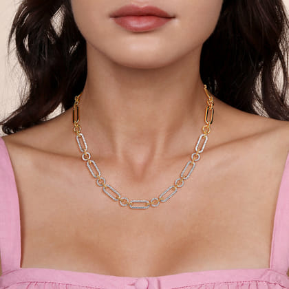 14K Yellow-White Chain Pave Link Necklace
