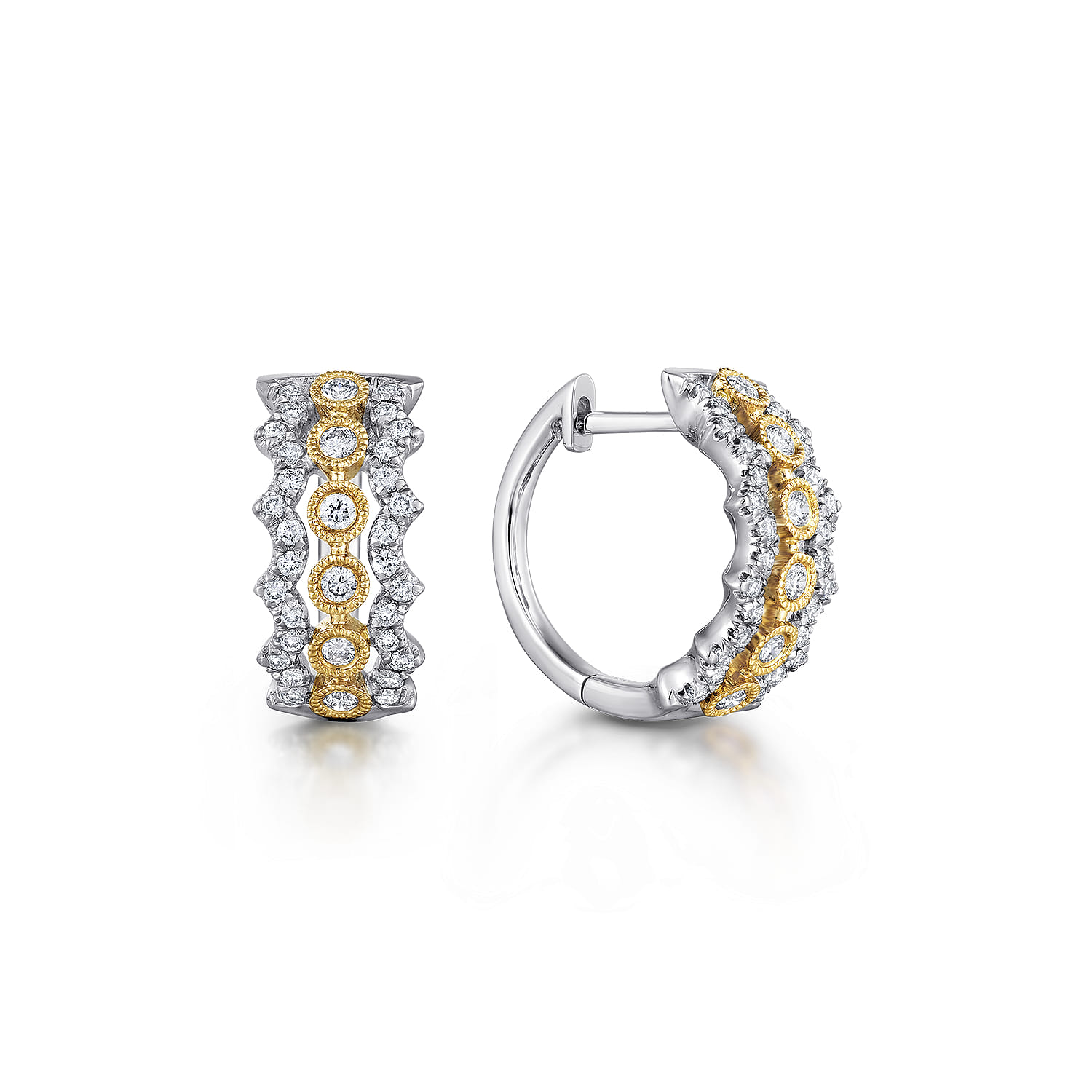 14K Yellow-White Gold 10mm Wide Diamond Huggies - 0.4 ct - Shot 1