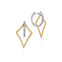 14K Yellow White Gold 25mm Twisted Rope Kite and Diamond Huggies
