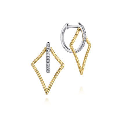 14K Yellow White Gold 25mm Twisted Rope Kite and Diamond Huggies