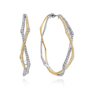 14K Yellow-White Gold 40mm Twisted Rope and Diamond Intricate Hoop Earrings