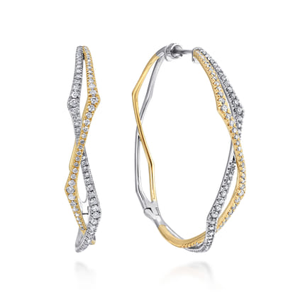 14K Yellow-White Gold 40mm Twisted Rope and Diamond Intricate Hoop Earrings