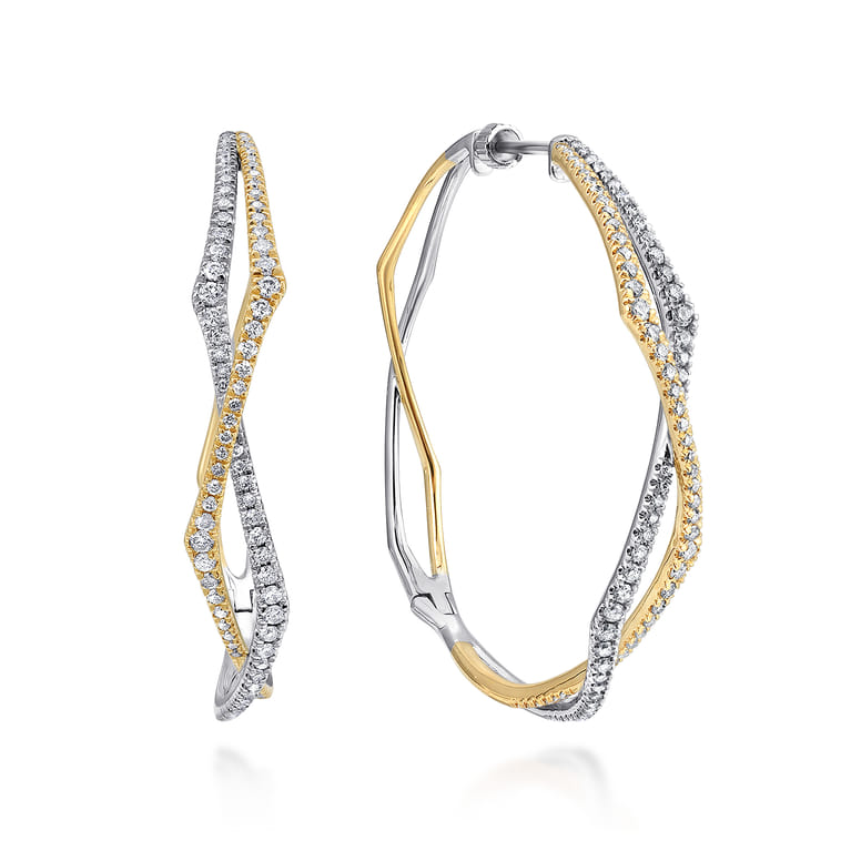 14K Yellow-White Gold 40mm Twisted Rope and Diamond Intricate Hoop Earrings - 1.05 ct - Shot 1