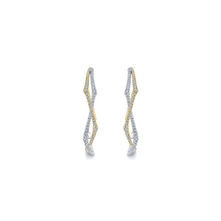 14K Yellow-White Gold 40mm Twisted Rope and Diamond Intricate Hoop Earrings