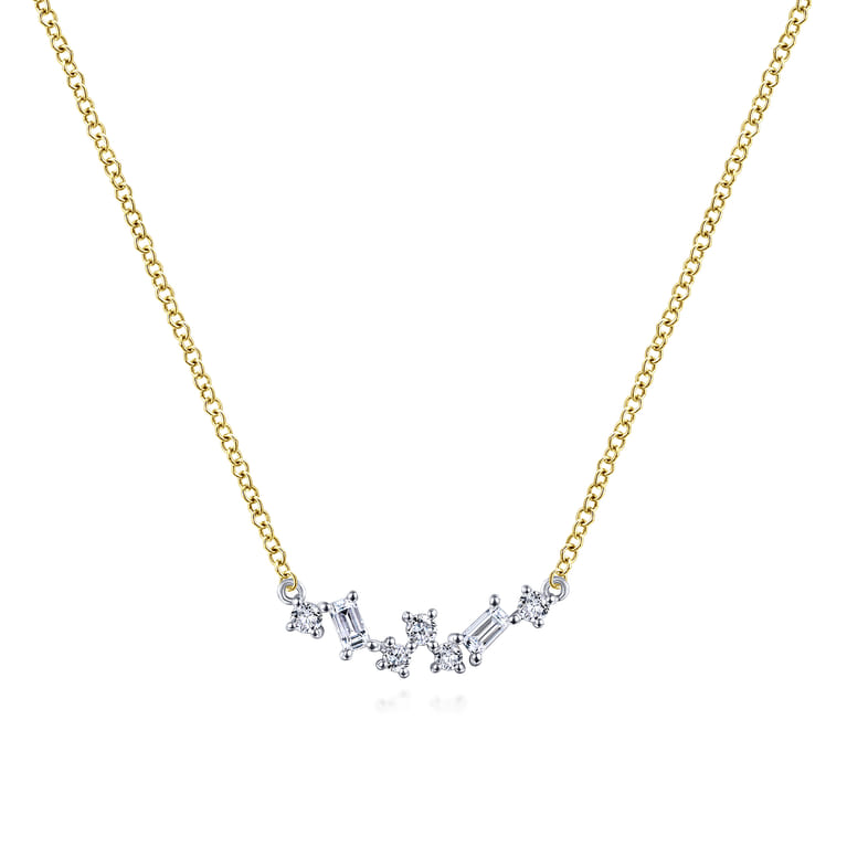 14K Yellow-White Gold Baguette and Round Diamond Zig Zag Necklace - 0.2 ct - Shot 1