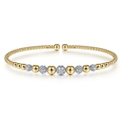 14K Yellow-White Gold Bujukan Bead Cuff Bracelet with Pave Diamond Stations