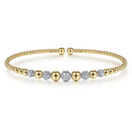 14K Yellow-White Gold Bujukan Bead Cuff Bracelet with Pave Diamond Stations