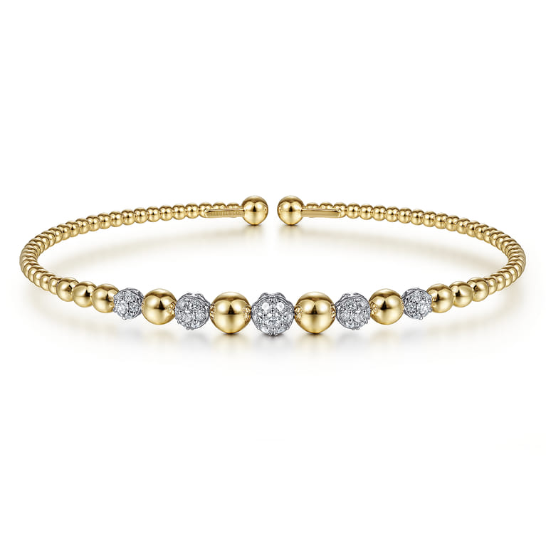 14K Yellow-White Gold Bujukan Bead Cuff Bracelet with Pave Diamond Stations - 0.35 ct - Shot 1