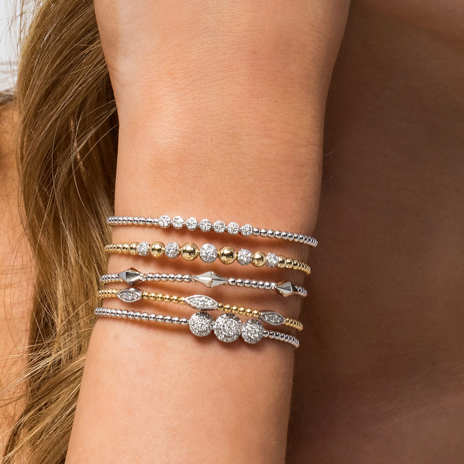 14K Yellow-White Gold Bujukan Bead Cuff Bracelet with Pave Diamond Stations - 0.35 ct - Shot 5