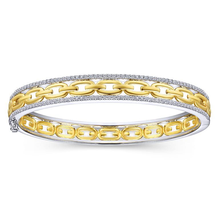 14K Yellow-White Gold Chain Link Bangle with Diamond Frame - 0.8 ct - Shot 1