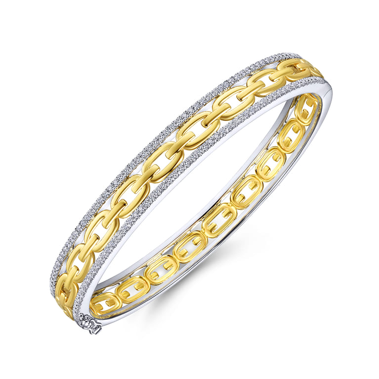 14K Yellow-White Gold Chain Link Bangle with Diamond Frame - 0.8 ct - Shot 2